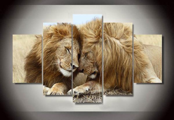Lion And Lioness Family - Animal 5 Panel Canvas Art Wall Decor Lion And Lioness Family - Animal 5 Panel Canvas Art Wall Decor