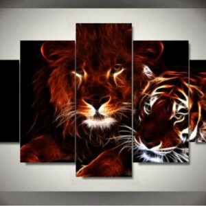 Lion And Tiger - Animal 5 Panel Canvas Art Wall Decor