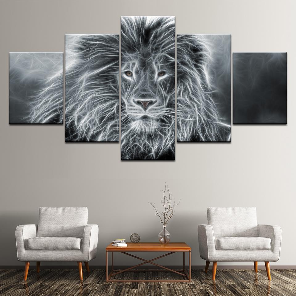 Lion Animal Abstract Black And White - Animal 5 Panel Canvas Art Wall Decor Lion Animal Abstract Black And White - Animal 5 Panel Canvas Art Wall Decor