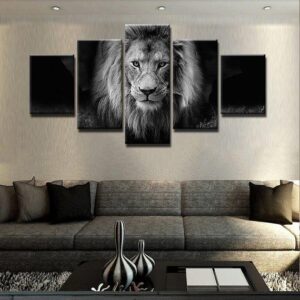 Lion Animal Wild Black And White Beautiful Modern - Animal 5 Panel Canvas Art Wall Decor