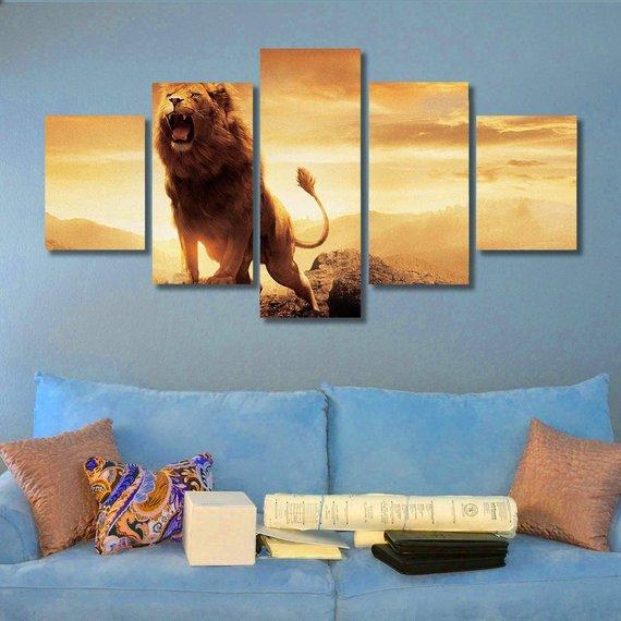 Lion At Seasun 03 - Animal 5 Panel Canvas Art Wall Decor Lion At Seasun 03 - Animal 5 Panel Canvas Art Wall Decor