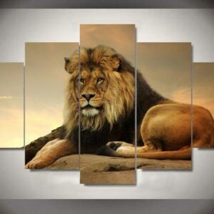 Lion At Sunset Sunrise - Animal 5 Panel Canvas Art Wall Decor