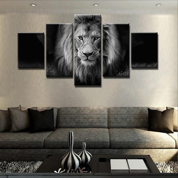 Lion Black And White Modern Animal - 5 Panel Canvas Art Wall Decor Lion Black And White Modern Animal - 5 Panel Canvas Art Wall Decor