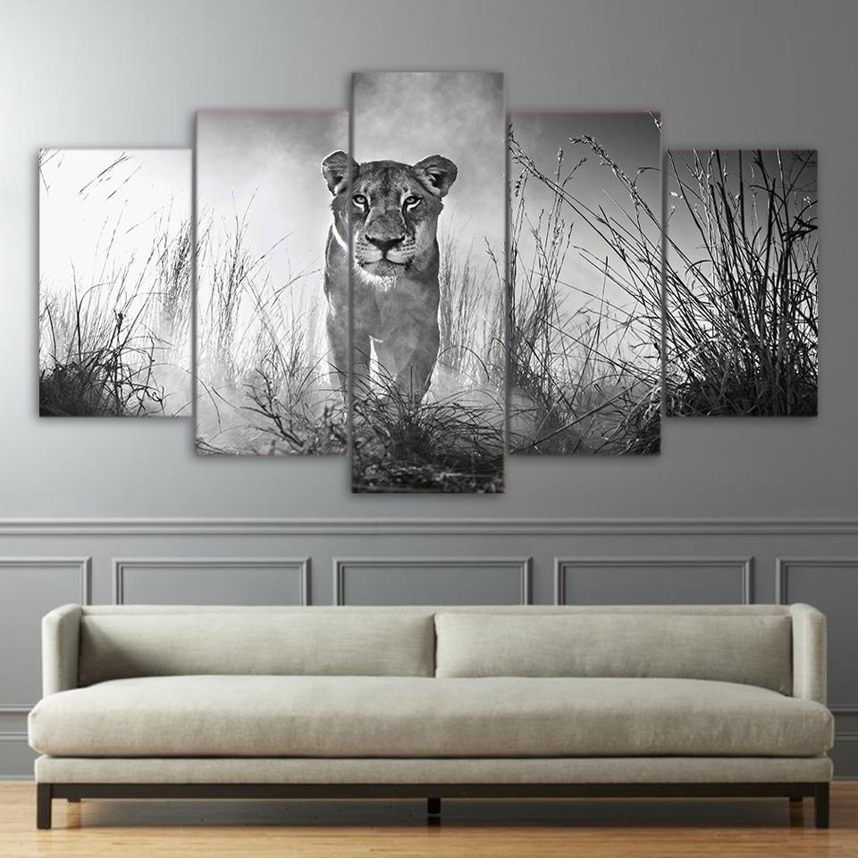 Lion Black White - Animal 5 Panel Canvas Art Wall Decor Lion Black White - Animal 5 Panel Canvas Art Wall Decor