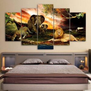 Lion Elephant Cheetah Forest Animals - Animal 5 Panel Canvas Art Wall Decor