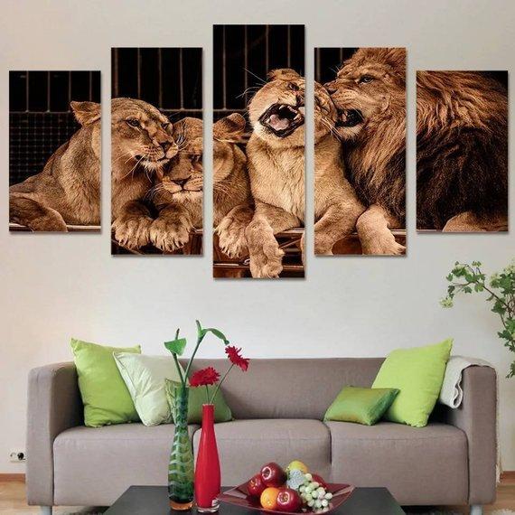 Lion Family Mural - Animal 5 Panel Canvas Art Wall Decor Lion Family Mural - Animal 5 Panel Canvas Art Wall Decor