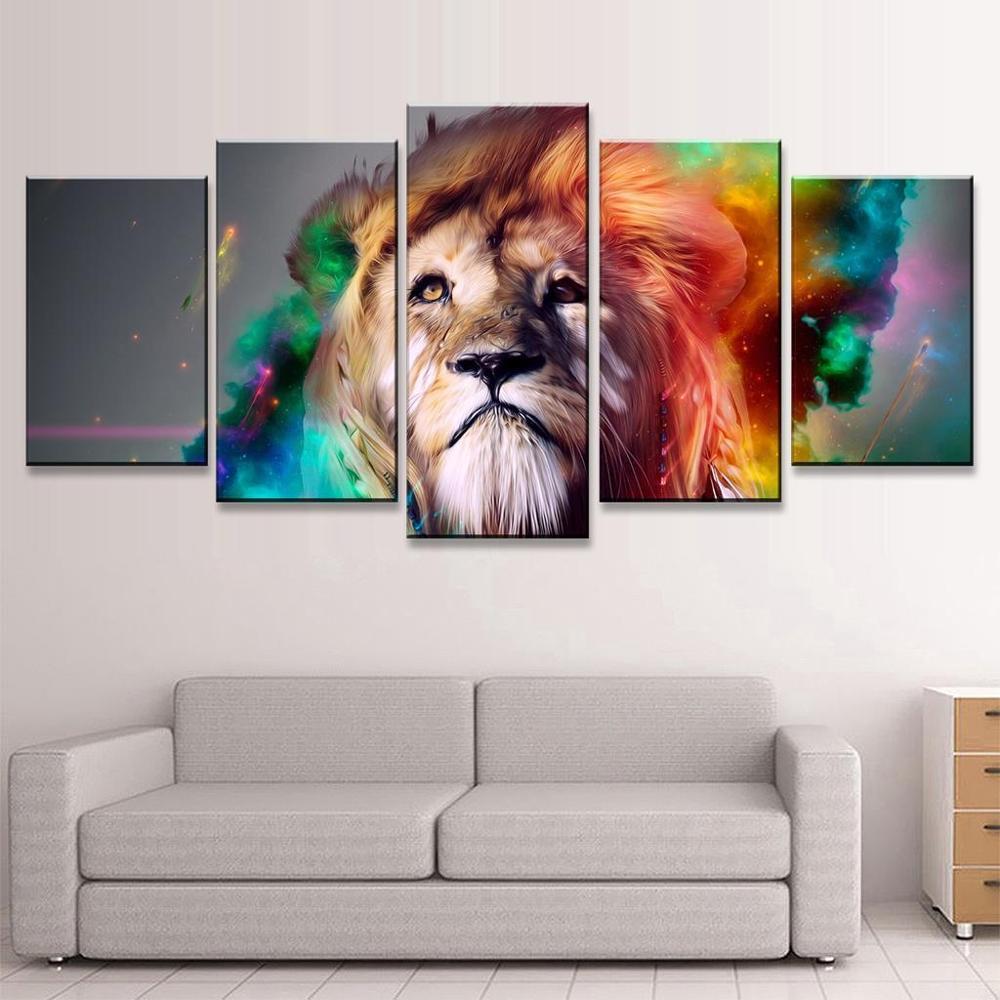 Lion In Colourful - Animal 5 Panel Canvas Art Wall Decor Lion In Colourful - Animal 5 Panel Canvas Art Wall Decor