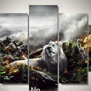 Lion In The Jungle - Animal 5 Panel Canvas Art Wall Decor