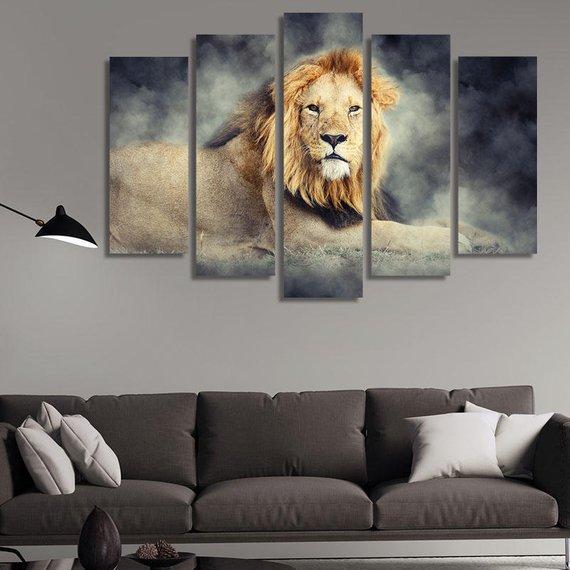 Lion In The Night - Animal 5 Panel Canvas Art Wall Decor Lion In The Night - Animal 5 Panel Canvas Art Wall Decor