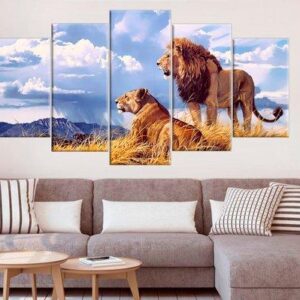 Lion Lioness 2 - Animal 5 Panel Canvas Art Wall Decor