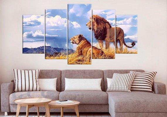 Lion Lioness 2 - Animal 5 Panel Canvas Art Wall Decor Lion Lioness 2 - Animal 5 Panel Canvas Art Wall Decor