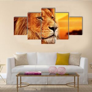 Lion On Savanna Landscape At Sunset - Animal 5 Panel Canvas Art Wall Decor