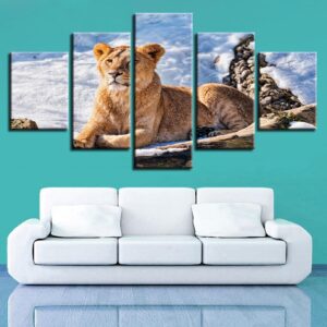 Lion Snow - Animal 5 Panel Canvas Art Wall Decor