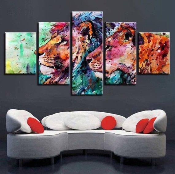 Lions Couple Colorful Lions - Abstract Animal 5 Panel Canvas Art Wall Decor Lions Couple Colorful Lions - Abstract Animal 5 Panel Canvas Art Wall Decor