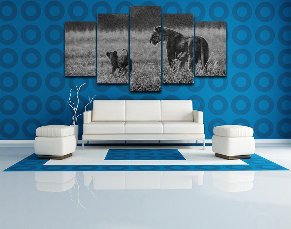 Lions Mother And Son - Animal 5 Panel Canvas Art Wall Decor Lions Mother And Son - Animal 5 Panel Canvas Art Wall Decor