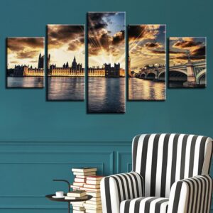 London City Beautiful Building And Bridge Sunshine - Nature 5 Panel Canvas Art Wall Decor