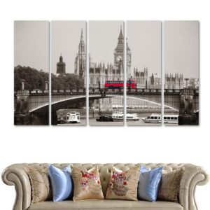 London City Parliament Building And Red Bus Lambeth Bridge - Nature 5 Panel Canvas Art Wall Decor
