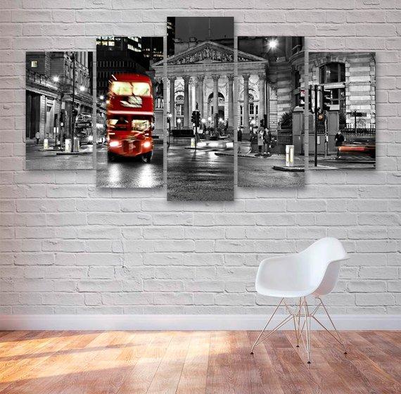 London City Red Bus At Night 02 - Nature 5 Panel Canvas Art Wall Decor London City Red Bus At Night 02 - Nature 5 Panel Canvas Art Wall Decor