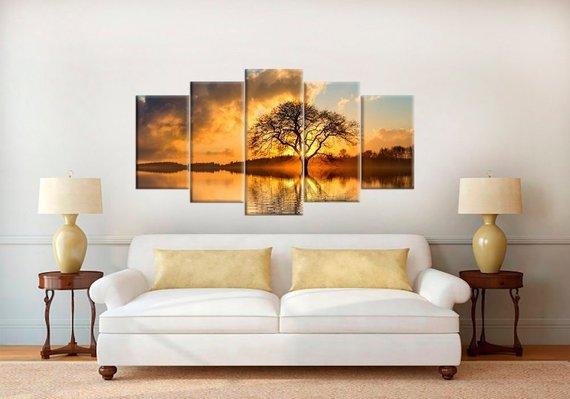 Lone Tree In Lake - Nature 5 Panel Canvas Art Wall Decor Lone Tree In Lake - Nature 5 Panel Canvas Art Wall Decor