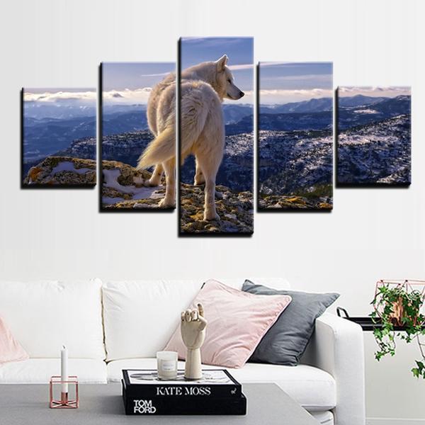 Lone Wolf Mountain Ocean - Animal 5 Panel Canvas Art Wall Decor Lone Wolf Mountain Ocean - Animal 5 Panel Canvas Art Wall Decor