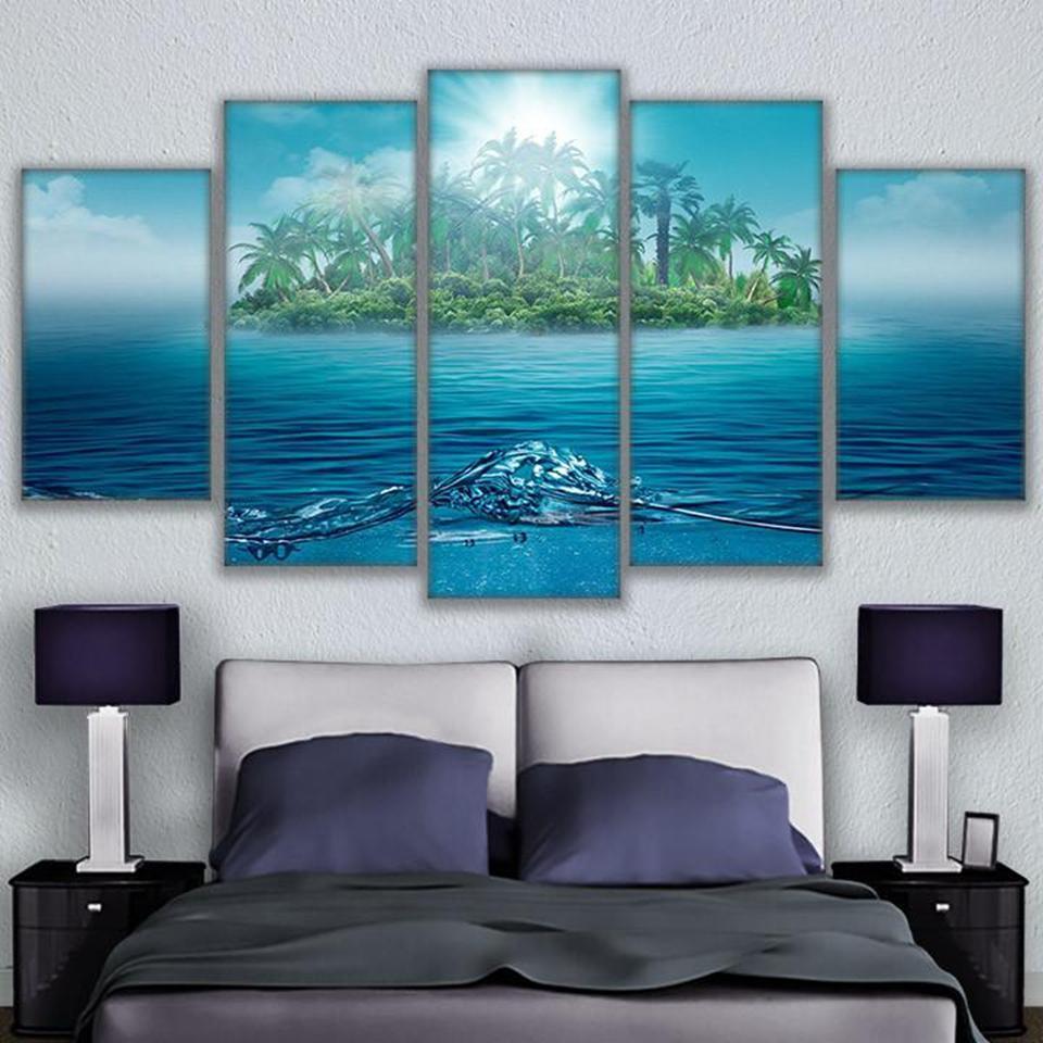 Lonely Island Ocean Landscape Sea Water Trees Palms - Nature 5 Panel Canvas Art Wall Decor Lonely Island Ocean Landscape Sea Water Trees Palms - Nature 5 Panel Canvas Art Wall Decor