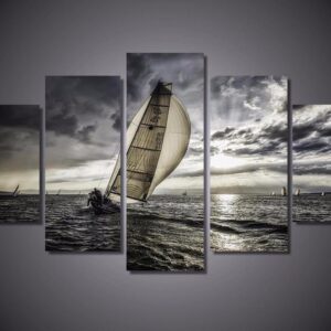 Lonely Sails Drifter Sailboat - Nature 5 Panel Canvas Art Wall Decor