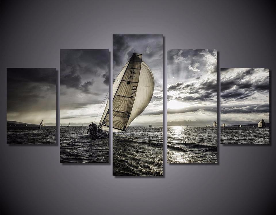 Lonely Sails Drifter Sailboat - Nature 5 Panel Canvas Art Wall Decor Lonely Sails Drifter Sailboat - Nature 5 Panel Canvas Art Wall Decor