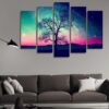 Lonely Tree Over The Night Sky With Many Stars - Abstract 5 Panel Canvas Art Wall Decor