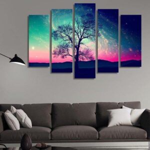 Lonely Tree Over The Night Sky With Many Stars - Abstract 5 Panel Canvas Art Wall Decor