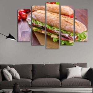 Long Baguette Sandwich With Ham - Kitchen 5 Panel Canvas Art Wall Decor