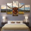 Long Horncattle Animal Ox - Animal 5 Panel Canvas Art Wall Decor
