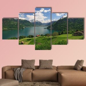 Looking Over Fields Farms And Lake Lucerne - Nature 5 Panel Canvas Art Wall Decor