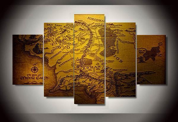Lord Of The Rings - Middle Earth Map - Movie 5 Panel Canvas Art Wall Decor Lord Of The Rings - Middle Earth Map - Movie 5 Panel Canvas Art Wall Decor