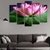 Lotus Flower Pink Green Leaves - Nature 5 Panel Canvas Art Wall Decor