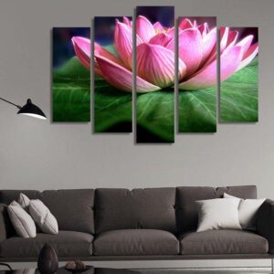 Lotus Flower Pink Green Leaves - Nature 5 Panel Canvas Art Wall Decor