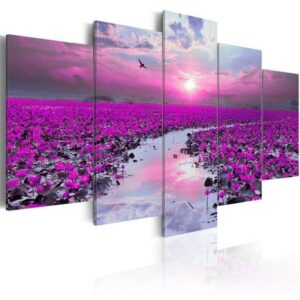 Lotus Flowers Sun Pink - Nature 5 Panel Canvas Art Wall Decor