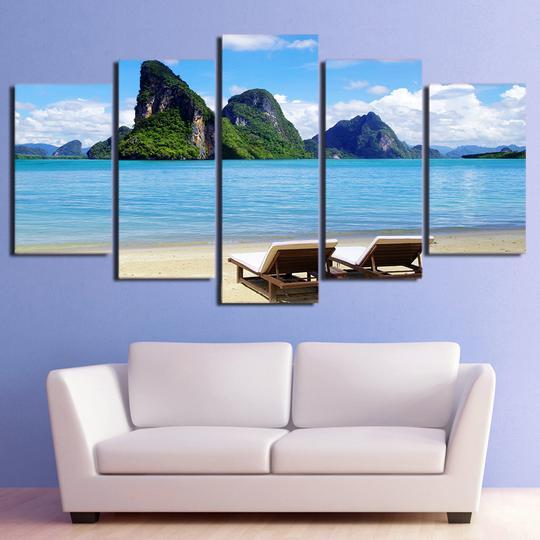 Lounge Chairs On A Beach In The South Pacific - Space 5 Panel Canvas Art Wall Decor Lounge Chairs On A Beach In The South Pacific - Space 5 Panel Canvas Art Wall Decor