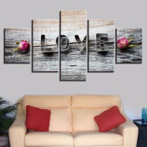 Love Flowers Barn Wood Style - Abstract 5 Panel Canvas Art Wall Decor