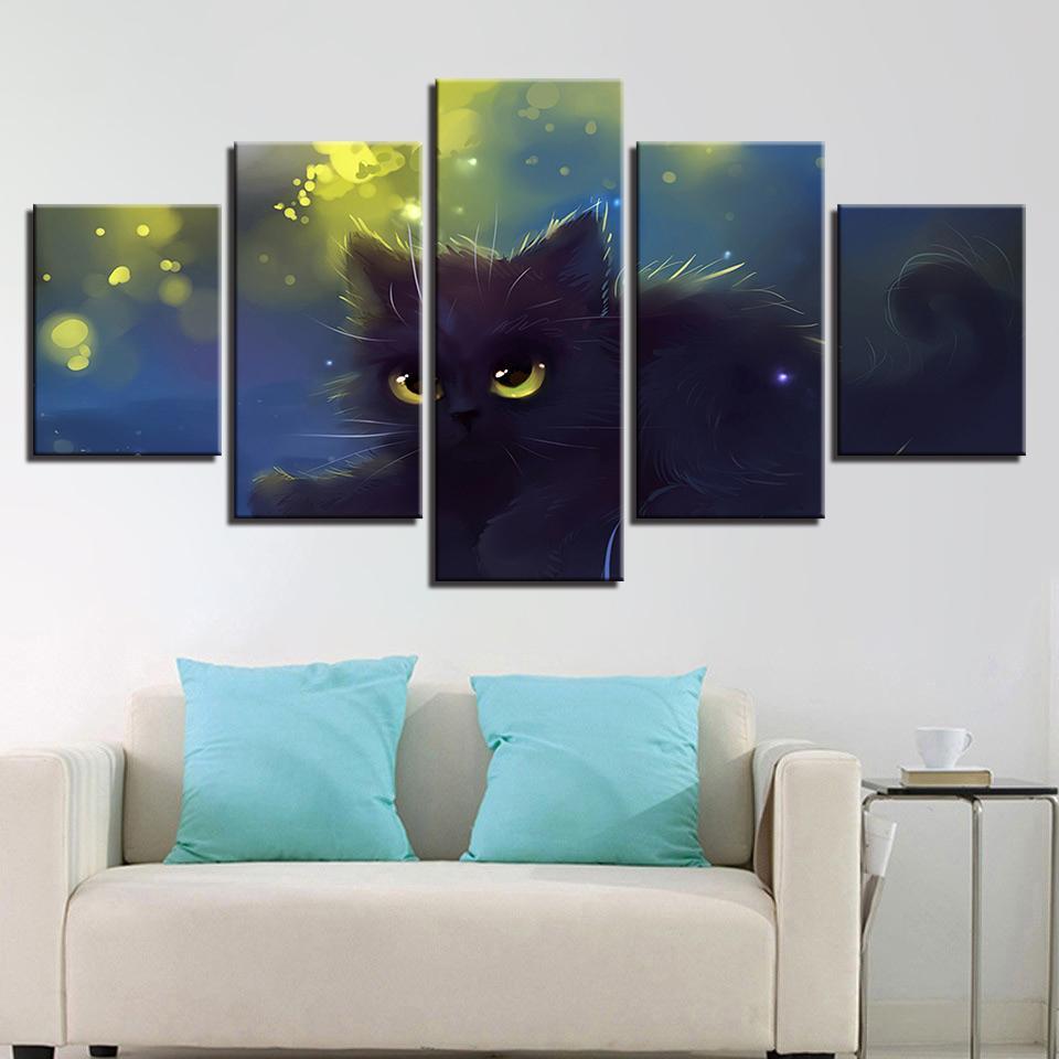 Lovely Big Eyes Black Cat - Animal 5 Panel Canvas Art Wall Decor Lovely Big Eyes Black Cat - Animal 5 Panel Canvas Art Wall Decor