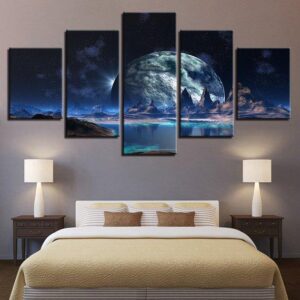 Lunar Starry Sky Mountain Lake Night View Space - Nature 5 Panel Canvas Art Wall Decor