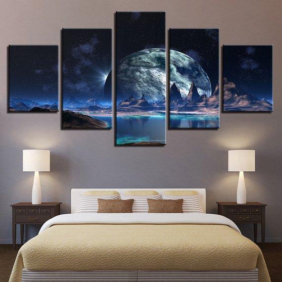 Lunar Starry Sky Mountain Lake Night View Space - Nature 5 Panel Canvas Art Wall Decor Lunar Starry Sky Mountain Lake Night View Space - Nature 5 Panel Canvas Art Wall Decor