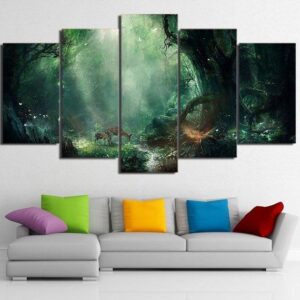 Magic Forest Night Trees - Nature 5 Panel Canvas Art Wall Decor