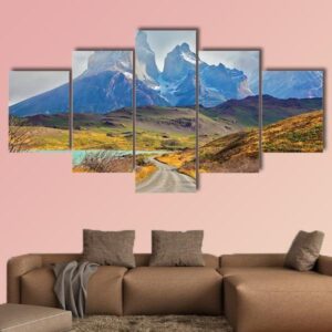 Majestic Peaks Of Los Kuernos Over Lake Pehoe - Nature 5 Panel Canvas Art Wall Decor
