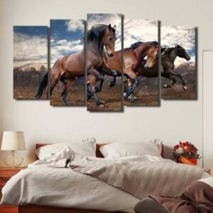 Majestic Trotting Horses - Animal 5 Panel Canvas Art Wall Decor