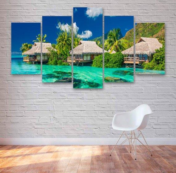 Maldives Beach Huts Tropical - Nature 5 Panel Canvas Art Wall Decor Maldives Beach Huts Tropical - Nature 5 Panel Canvas Art Wall Decor