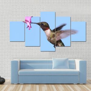 Male Ruby-Throated Hummingbird In Flight With A Purple Flower - Animal 5 Panel Canvas Art Wall Decor