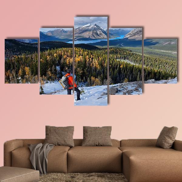 Man Hiking In Rockies In Alberta - Sport 5 Panel Canvas Art Wall Decor Man Hiking In Rockies In Alberta - Sport 5 Panel Canvas Art Wall Decor