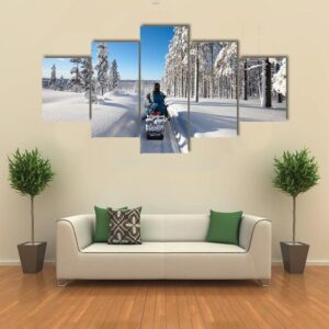 Man Traveling Finnish Lapland With Snowmobile - Nature 5 Panel Canvas Art Wall Decor