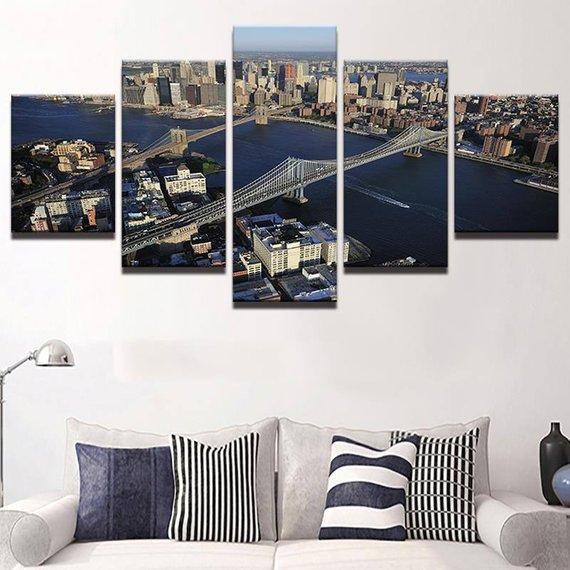 Manhattan And Brooklyn Bridge Large - Nature 5 Panel Canvas Art Wall Decor Manhattan And Brooklyn Bridge Large - Nature 5 Panel Canvas Art Wall Decor
