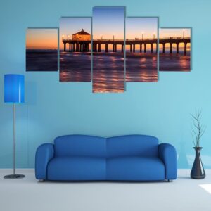 Manhattan Beach Pier At Sunset - Nature 5 Panel Canvas Art Wall Decor